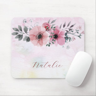 Dusty cute monogram name flower girly pink script mousepad