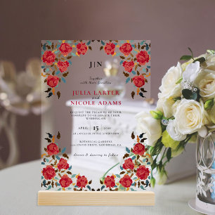 Dusty Elegant Golden Rote Rose Blume Hochzeit Acryleinladungen