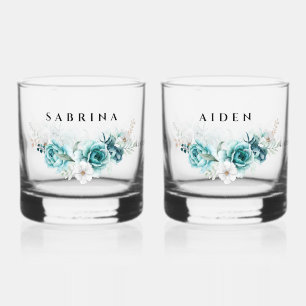Dusty Emerald Green White Floral Wedding Whiskyglas