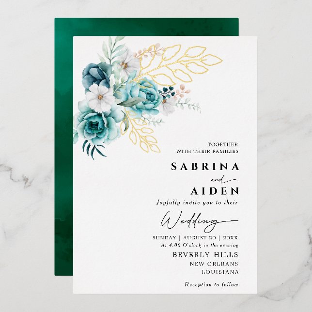 Dusty Emerald Greenery White Floral Wedding Folieneinladung (Vorderseite/Rückseite)