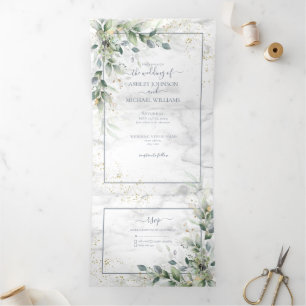 Dusty Eucalyptus Botanical Gold Greenerity Wedding Dreifach Gefaltete Einladung