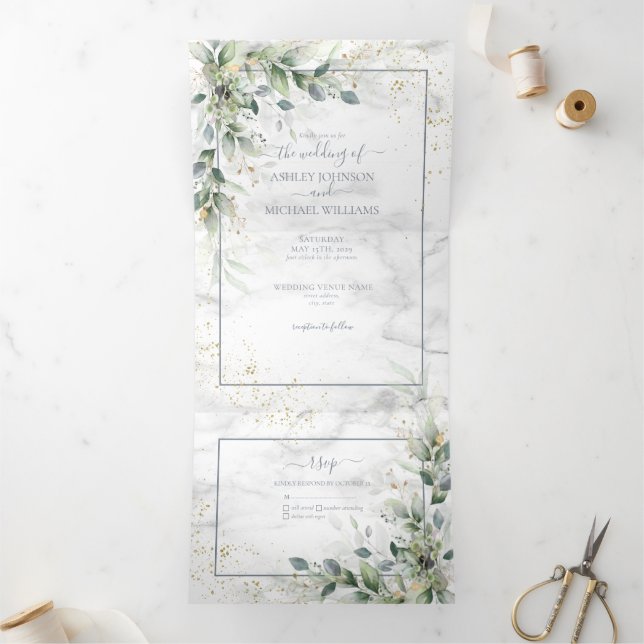 Dusty Eucalyptus Botanical Gold Greenerity Wedding Dreifach Gefaltete Einladung (Innenseite)