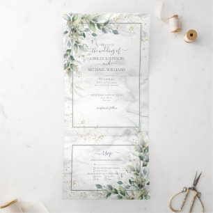 Dusty Eucalyptus Botanical Gold Greenery Wedding Dreifach Gefaltete Einladung