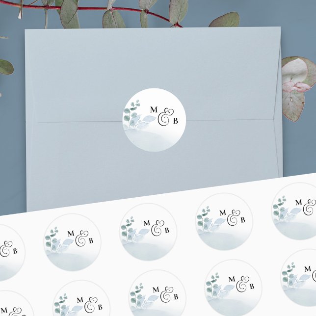 Dusty Eucalyptus Elegant Mit Monogramm Wedding Runder Aufkleber (Von Creator hochgeladen)