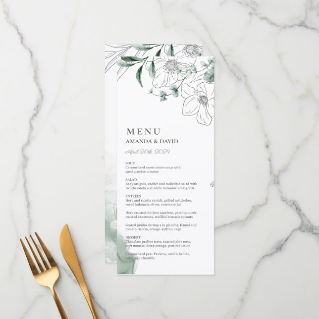 Dusty Eukalyptus Greenerity Wedding Flat Menu Menükarte (Vorderseite/Rückseite Beispiel)