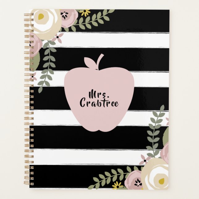 Dusty Floral Apple Black + White Stripe Lehrer Planer (Vorderseite)
