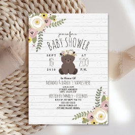 Dusty Floral Boho Bear Gray Wood Baby Shower Einladung