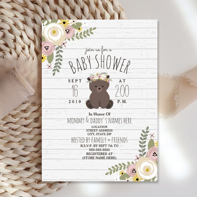 Dusty Floral Boho Bear Gray Wood Baby Shower Einladung (Von Creator hochgeladen)
