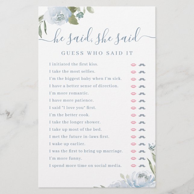 Dusty Floral Er sagte, sie sagte Brautparty-Spiel (Vorderseite)