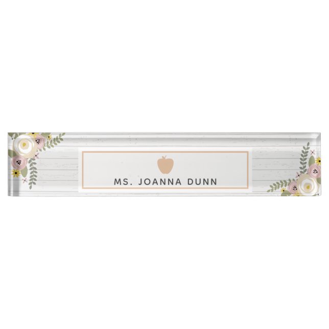 Dusty Floral Gray Wood Pink Apple Lehrer Namensplakette (Vorderseite)