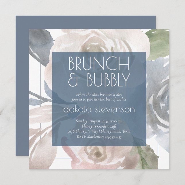 Dusty Floral | Räucherpastel Bubbly Brunch Dusche Einladung (Vorne/Hinten)