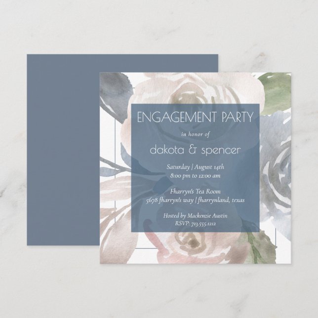 Dusty Floral | Smoky Blue Cream Engagement Party Einladung (Vorne/Hinten)