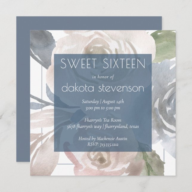 Dusty Floral | Smoky Blue Cream Sweet 16 Birthday Einladung (Vorne/Hinten)