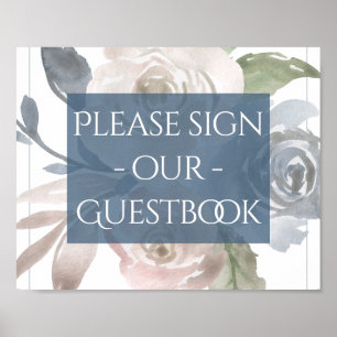 Dusty Floral   Smoky Blue Pastel Bouquet Gäestbook Poster