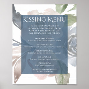 Dusty Floral Smoky Blue Pastel Kissing Menu Poster