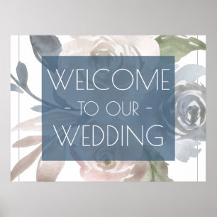 Dusty Floral   Smoky Blue Pastel Wedel Welcome Poster