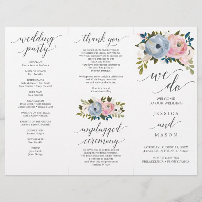 Dusty Floral Tri-Fold Wedding Program Flyer (Vorne)