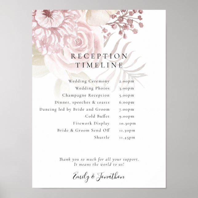 Dusty Florals Script Pink Empfang Timeline Poster (Vorne)