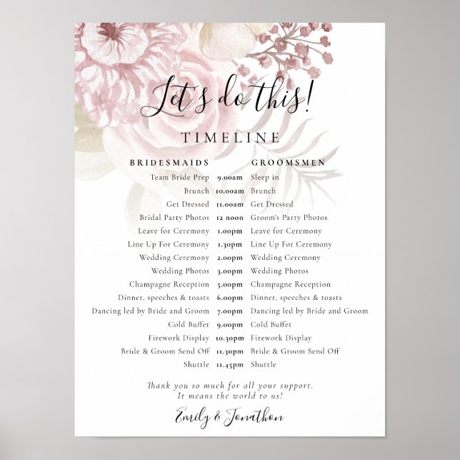 Dusty Florals Script Pink Wedding Day Timeline Poster (Vorne)