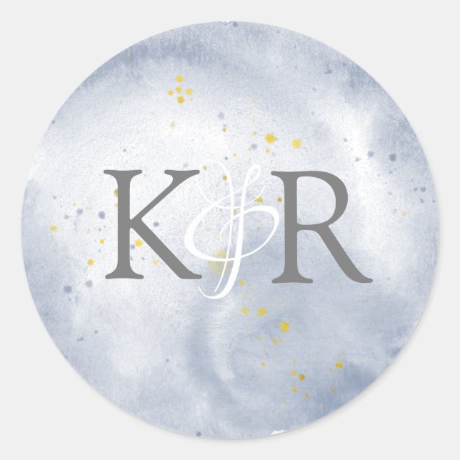 Dusty Gold und Blue Watercolor Wedding Monogram Runder Aufkleber (Vorderseite)