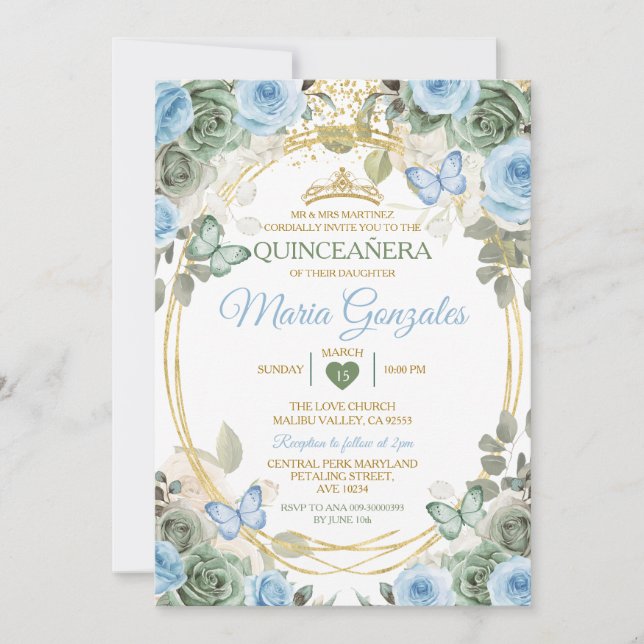 Dusty Green And Dusty Blue Floral Gold Quinceañera Einladung (Vorderseite)