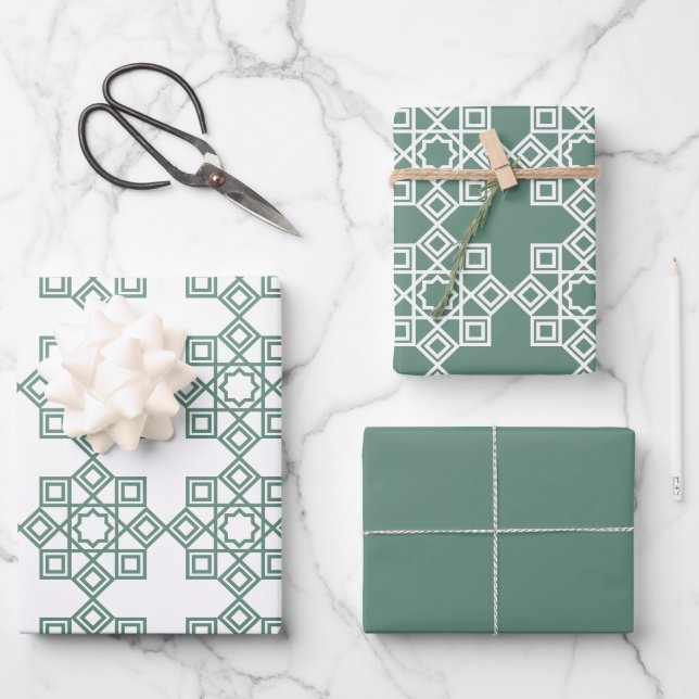 Dusty Green Arabesque Geometric Pattern Geschenkpapier Set (Vorderseite)