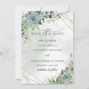 Dusty green blue succulcules gold Save the Date