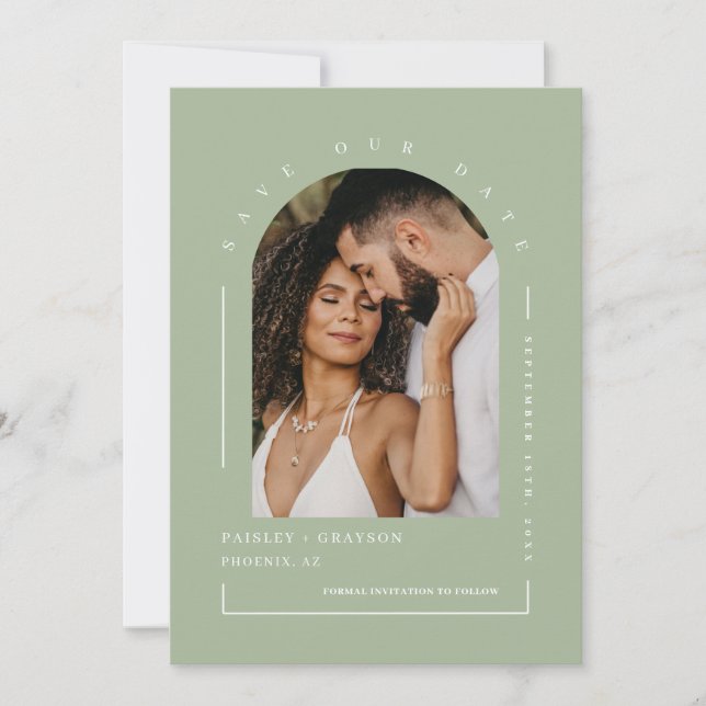 Dusty Green Boho Arch Foto QR Code Rettete Unser D Einladung (Vorderseite)