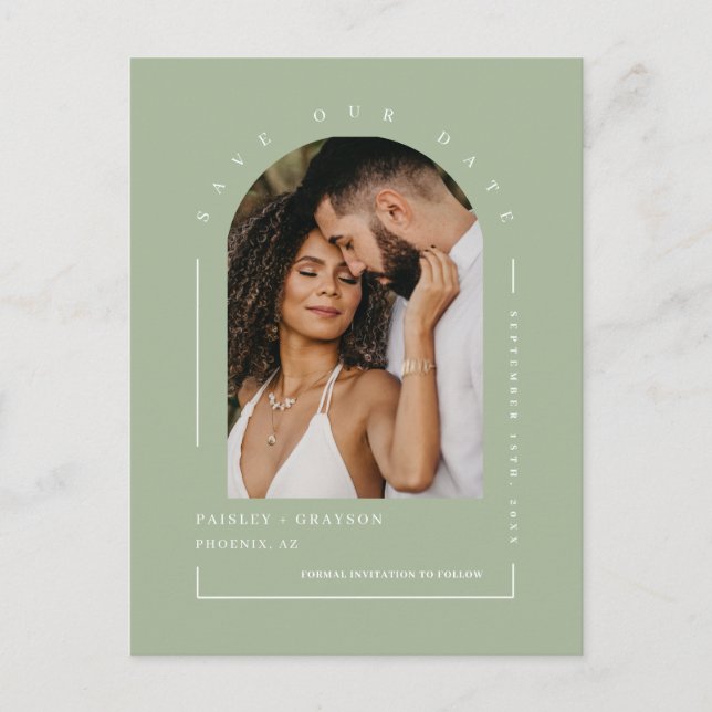 Dusty Green Boho Arch Foto QR Code Rettete Unser D Postkarte (Vorderseite)