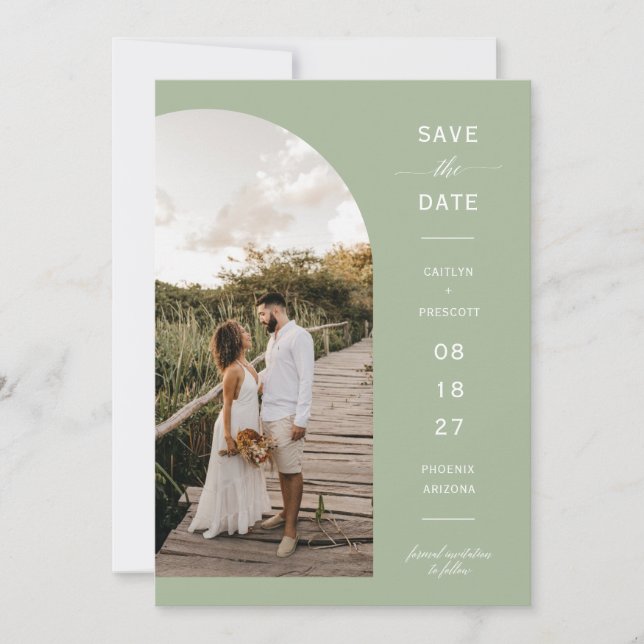 Dusty Green Boho Arch Foto QR-Code Save the Date Einladung (Vorderseite)