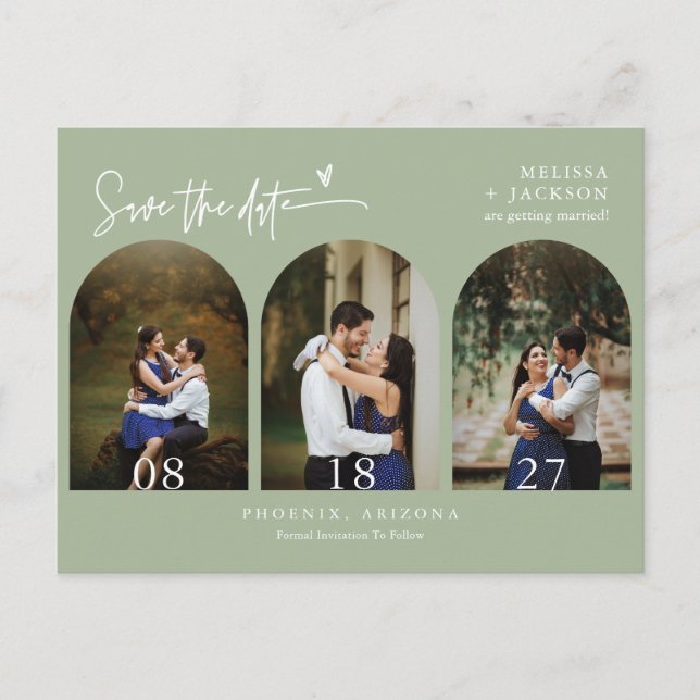 Dusty Green Boho Arch Foto QR-Code Save the Date Postkarte (Vorderseite)