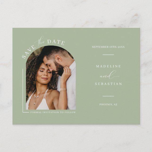 Dusty Green Boho Arch Foto QR-Code Save the Date Postkarte (Vorderseite)