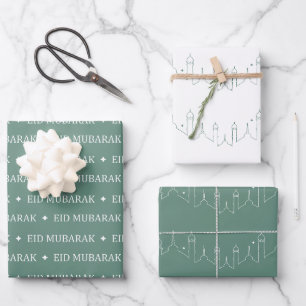 Dusty Green Eid Mubarak Masjid Muster Design Geschenkpapier Set