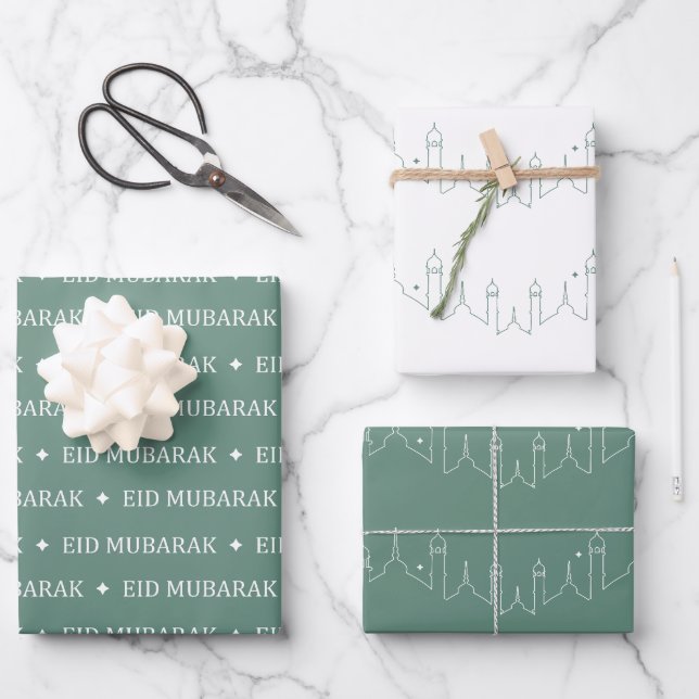 Dusty Green Eid Mubarak Masjid Muster Design Geschenkpapier Set (Vorderseite)