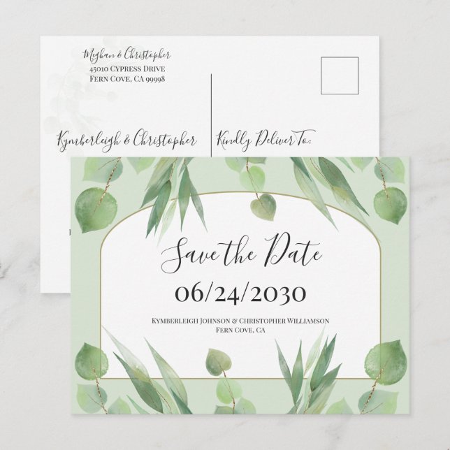 Dusty Green Geometric Arch Wedding Save the Date Postkarte (Vorne/Hinten)