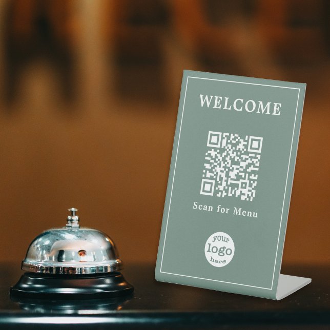 Dusty Green Hotel Cafe Menü QR Code Business-Logo Sockelschild (Dusty Green Hotel Cafe Menu QR Code Business Logo Pedestal Sign)
