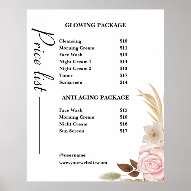 Dusty Green Minimalistisch Skincare Price List Poster (Vorne)