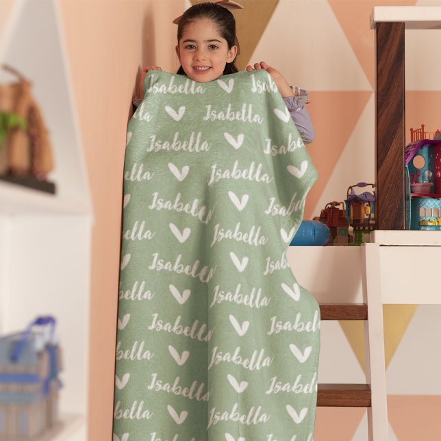Dusty Green Personalisiert Name Blanket mit Herz Fleecedecke (Von Creator hochgeladen)