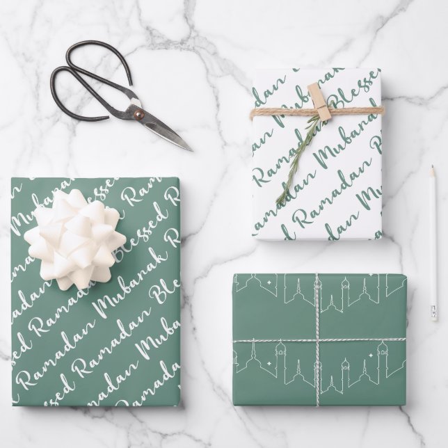 Dusty Green Ramadan Calligraphy Masjid Pattern Geschenkpapier Set (Vorderseite)