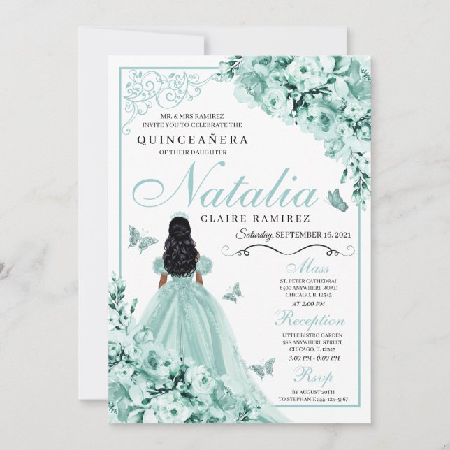 Dusty Green Rose Princess Dress Quinceanera Einladung (Vorderseite)