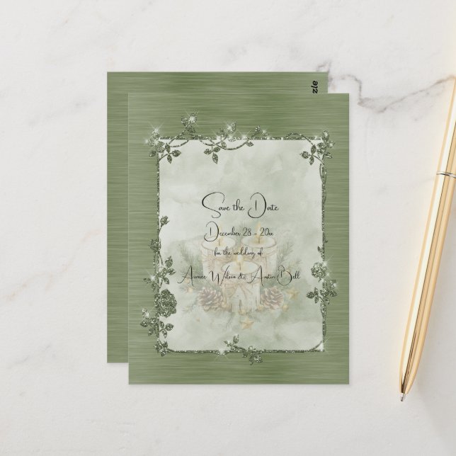 Dusty Green Shiny Elegant Sparkly Save the Date Postkarte (Vorderseite/Rückseite Beispiel)