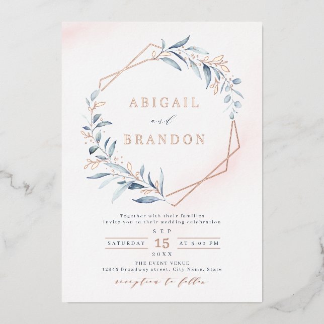 Dusty Greenery Rose Gold Geometric Rustic Wedding Folieneinladung (Vorderseite)
