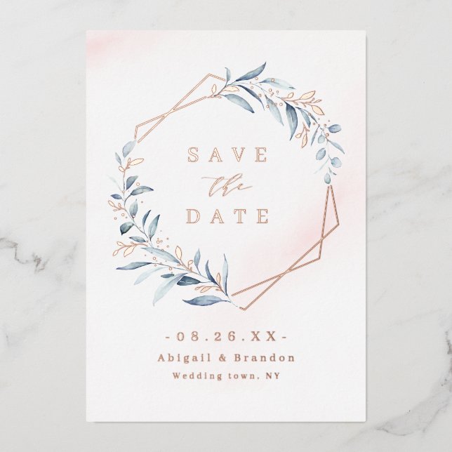 Dusty Greenery Rose Gold Geometric Save the Date Folieneinladung (Vorderseite)