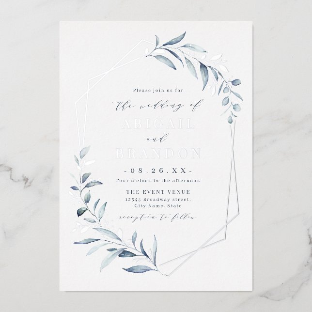 Dusty Greenery Silver Geometric Rustic Wedding Folieneinladung (Vorderseite)