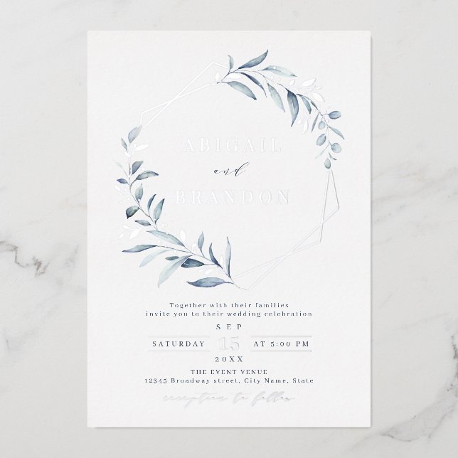 Dusty Greenery Silver Geometric Rustic Wedding Folieneinladung (Vorderseite)