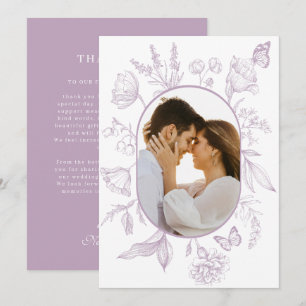 Dusty Lavender Line Art Floral Butterfly Foto Dankeskarte