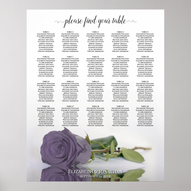 Dusty Lavender Rose 20 Table Wedding Seating Chart Poster (Vorne)