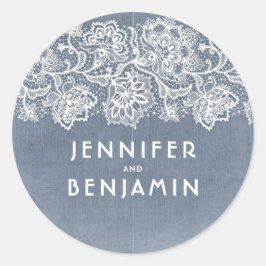 Dusty Light Blue und White Lace Vintage Wedding Runder Aufkleber