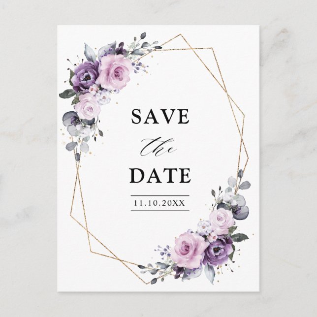Dusty Lila Blooms Geometric Save the Date Postkarte (Vorderseite)