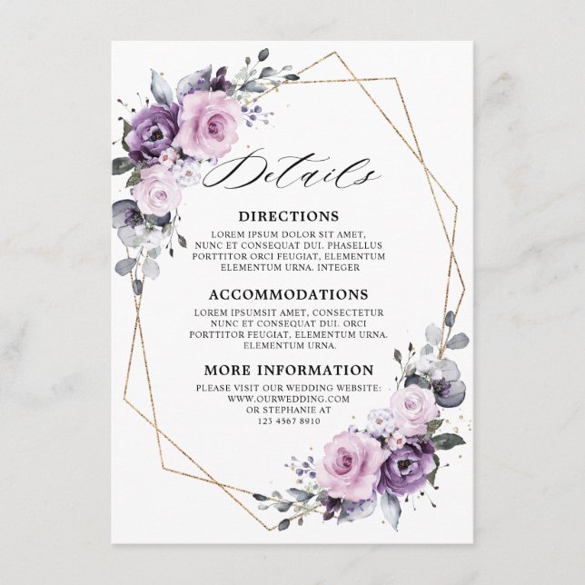 Dusty Lila Blooms Geometric Wedding Details Begleitkarte (Vorderseite)